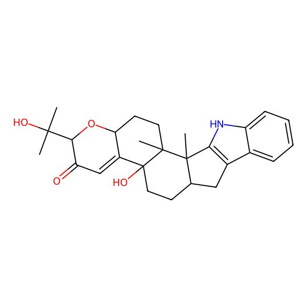2D Structure of 4b-Hydroxy-2-(1-hydroxy-1-methylethyl)-12b,12c-dimethyl-5,6,6a,7,12,12b,12c,13,14,14a-decahydro-2H-chromeno[5',6':6,7]indeno[1,2-b]indol-3(4bH)-one
