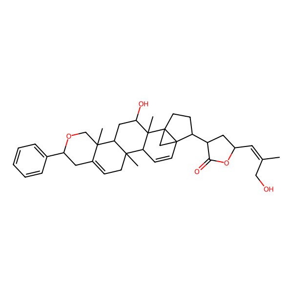 2D Structure of (3S,5R)-5-[(E)-3-hydroxy-2-methylprop-1-enyl]-3-[(1S,2R,3R,5R,6R,9S,14S,15R,19S)-3-hydroxy-2,6,14-trimethyl-9-phenyl-8-oxahexacyclo[16.3.1.01,18.02,15.05,14.06,11]docosa-11,16-dien-19-yl]oxolan-2-one