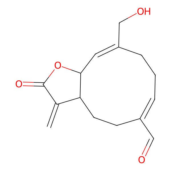 2D Structure of (3aS,6E,10E,11aR)-10-(hydroxymethyl)-3-methylidene-2-oxo-3a,4,5,8,9,11a-hexahydrocyclodeca[b]furan-6-carbaldehyde
