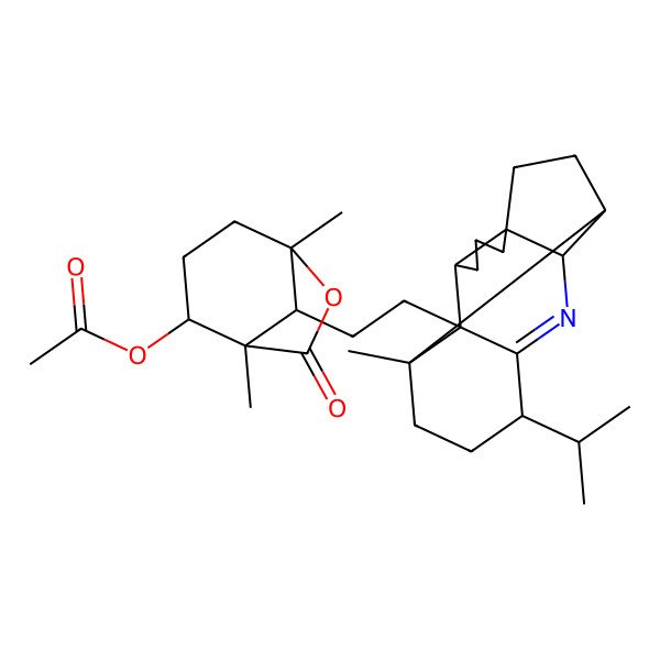 2D Structure of [1,5-dimethyl-8-[2-[(3R,7R,14R)-1-methyl-14-propan-2-yl-12-azapentacyclo[8.6.0.02,13.03,7.07,11]hexadec-12-en-2-yl]ethyl]-7-oxo-6-oxabicyclo[3.2.1]octan-2-yl] acetate