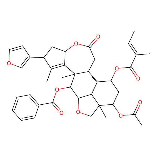 2D Structure of [17-Acetyloxy-8-(furan-3-yl)-1,9,11,16-tetramethyl-19-(2-methylbut-2-enoyloxy)-4-oxo-5,14-dioxapentacyclo[11.6.1.02,11.06,10.016,20]icos-9-en-12-yl] benzoate