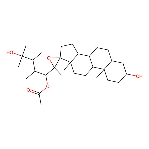 2D Structure of [(1R,2S,3S)-4-hydroxy-1-[(2'S,3R,5S,8R,9S,10S,13S,14S,17S)-3-hydroxy-2',10,13-trimethylspiro[1,2,3,4,5,6,7,8,9,11,12,14,15,16-tetradecahydrocyclopenta[a]phenanthrene-17,3'-oxirane]-2'-yl]-2,3,4-trimethylpentyl] acetate