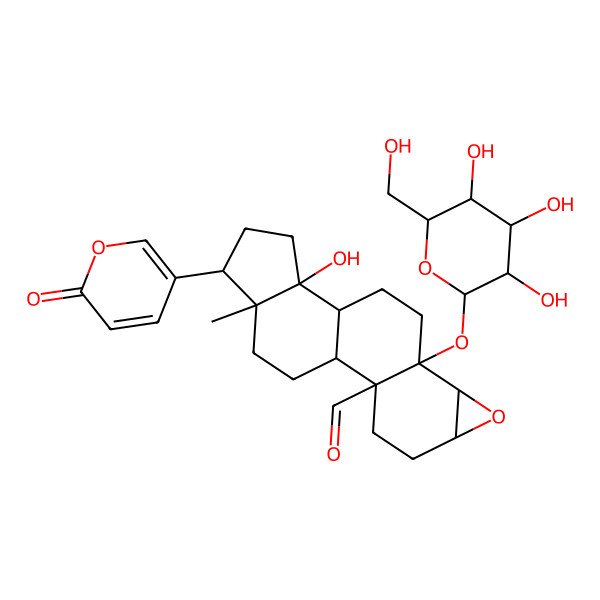 2D Structure of (1S,2S,5R,7R,8R,11R,12S,15R,16R)-12-hydroxy-16-methyl-15-(6-oxopyran-3-yl)-8-[(2S,3R,4S,5S,6R)-3,4,5-trihydroxy-6-(hydroxymethyl)oxan-2-yl]oxy-6-oxapentacyclo[9.7.0.02,8.05,7.012,16]octadecane-2-carbaldehyde
