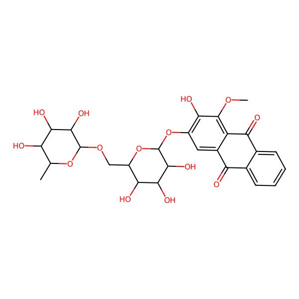 2D Structure of 2-hydroxy-1-methoxy-3-[(2S,3R,4S,5S,6R)-3,4,5-trihydroxy-6-[[(2R,3R,4R,5R,6S)-3,4,5-trihydroxy-6-methyloxan-2-yl]oxymethyl]oxan-2-yl]oxyanthracene-9,10-dione