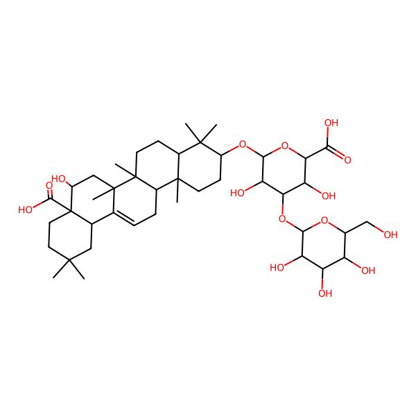 2D Structure of (2S,3S,4S,5R,6R)-6-[[(3S,4aR,6aR,6bS,8R,8aR,12aS,14aR,14bR)-8a-carboxy-8-hydroxy-4,4,6a,6b,11,11,14b-heptamethyl-1,2,3,4a,5,6,7,8,9,10,12,12a,14,14a-tetradecahydropicen-3-yl]oxy]-3,5-dihydroxy-4-[(2S,3R,4S,5S,6R)-3,4,5-trihydroxy-6-(hydroxymethyl)oxan-2-yl]oxyoxane-2-carboxylic acid