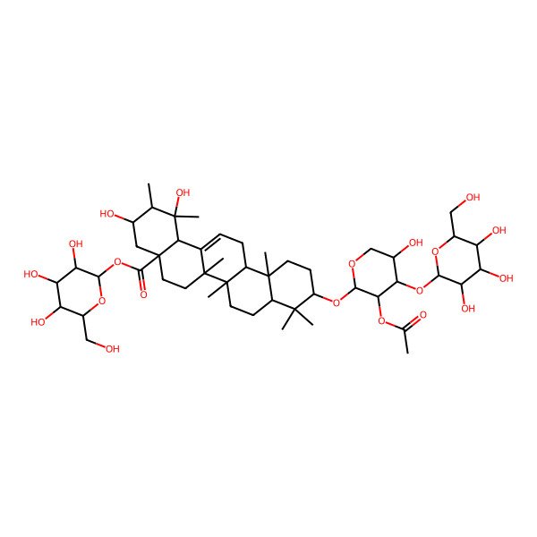 2D Structure of [3,4,5-Trihydroxy-6-(hydroxymethyl)oxan-2-yl] 10-[3-acetyloxy-5-hydroxy-4-[3,4,5-trihydroxy-6-(hydroxymethyl)oxan-2-yl]oxyoxan-2-yl]oxy-1,3-dihydroxy-1,2,6a,6b,9,9,12a-heptamethyl-2,3,4,5,6,6a,7,8,8a,10,11,12,13,14b-tetradecahydropicene-4a-carboxylate
