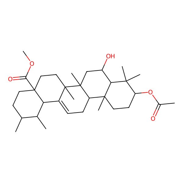 2D Structure of methyl 10-acetyloxy-8-hydroxy-1,2,6a,6b,9,9,12a-heptamethyl-2,3,4,5,6,6a,7,8,8a,10,11,12,13,14b-tetradecahydro-1H-picene-4a-carboxylate