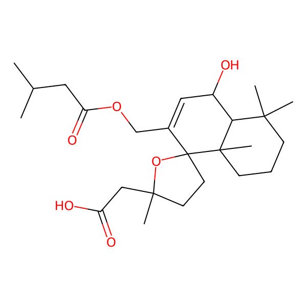 2D Structure of 2-[5-hydroxy-2',4,4,8a-tetramethyl-7-(3-methylbutanoyloxymethyl)spiro[2,3,4a,5-tetrahydro-1H-naphthalene-8,5'-oxolane]-2'-yl]acetic acid