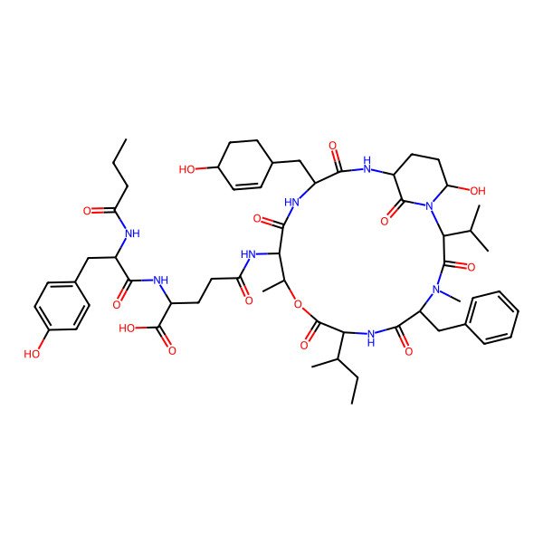 2D Structure of (2R)-5-[[(2R,5R,8R,11R,12R,18R)-5-benzyl-8-butan-2-yl-21-hydroxy-15-[(4-hydroxycyclohex-2-en-1-yl)methyl]-4,11-dimethyl-3,6,9,13,16,22-hexaoxo-2-propan-2-yl-10-oxa-1,4,7,14,17-pentazabicyclo[16.3.1]docosan-12-yl]amino]-2-[[(2R)-2-(butanoylamino)-3-(4-hydroxyphenyl)propanoyl]amino]-5-oxopentanoic acid