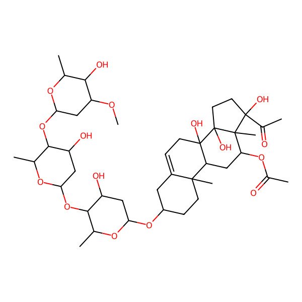 2D Structure of [(3R,8R,9R,10R,12R,13S,14S,17S)-17-acetyl-8,14,17-trihydroxy-3-[(2R,4R,5S,6R)-4-hydroxy-5-[(2S,4R,5S,6R)-4-hydroxy-5-[(2S,4R,5R,6R)-5-hydroxy-4-methoxy-6-methyloxan-2-yl]oxy-6-methyloxan-2-yl]oxy-6-methyloxan-2-yl]oxy-10,13-dimethyl-1,2,3,4,7,9,11,12,15,16-decahydrocyclopenta[a]phenanthren-12-yl] acetate