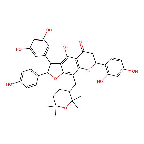 2D Structure of (2S,3S,7S)-7-(2,4-dihydroxyphenyl)-3-(3,5-dihydroxyphenyl)-4-hydroxy-2-(4-hydroxyphenyl)-9-[(2,2,6,6-tetramethyloxan-3-yl)methyl]-2,3,6,7-tetrahydrofuro[3,2-g]chromen-5-one