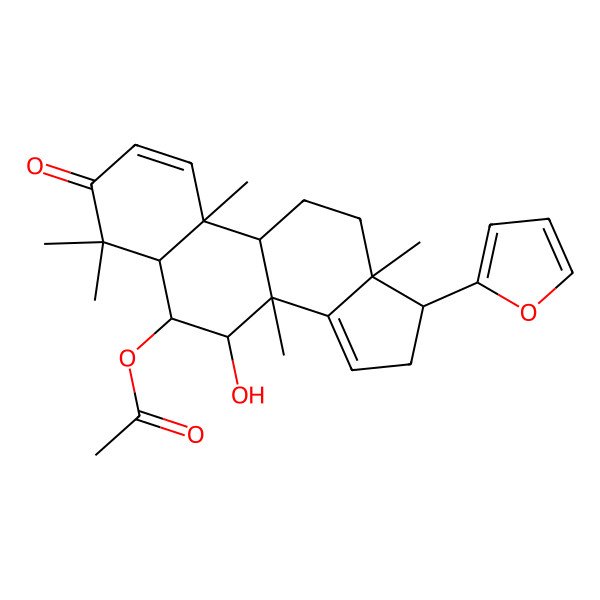 2D Structure of [17-(Furan-2-yl)-7-hydroxy-4,4,8,10,13-pentamethyl-3-oxo-5,6,7,9,11,12,16,17-octahydrocyclopenta[a]phenanthren-6-yl] acetate