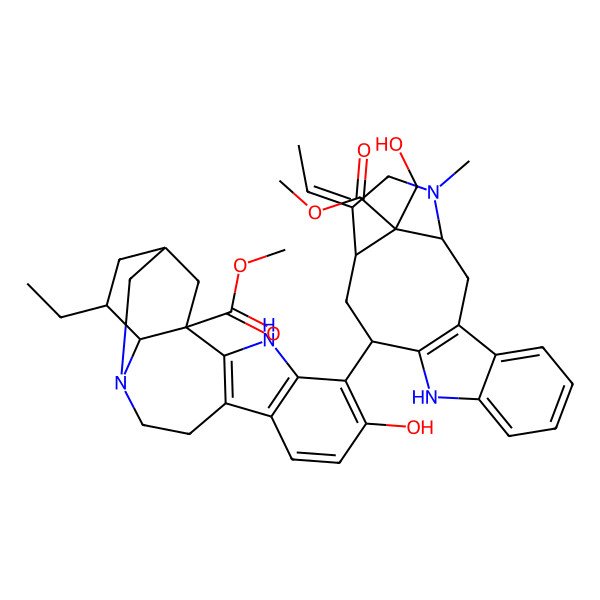 2D Structure of methyl (1S,15R,17S,18S)-17-ethyl-5-[(1S,12R,14S,15E,18S)-15-ethylidene-18-(hydroxymethyl)-18-methoxycarbonyl-17-methyl-10,17-diazatetracyclo[12.3.1.03,11.04,9]octadeca-3(11),4,6,8-tetraen-12-yl]-6-hydroxy-3,13-diazapentacyclo[13.3.1.02,10.04,9.013,18]nonadeca-2(10),4(9),5,7-tetraene-1-carboxylate