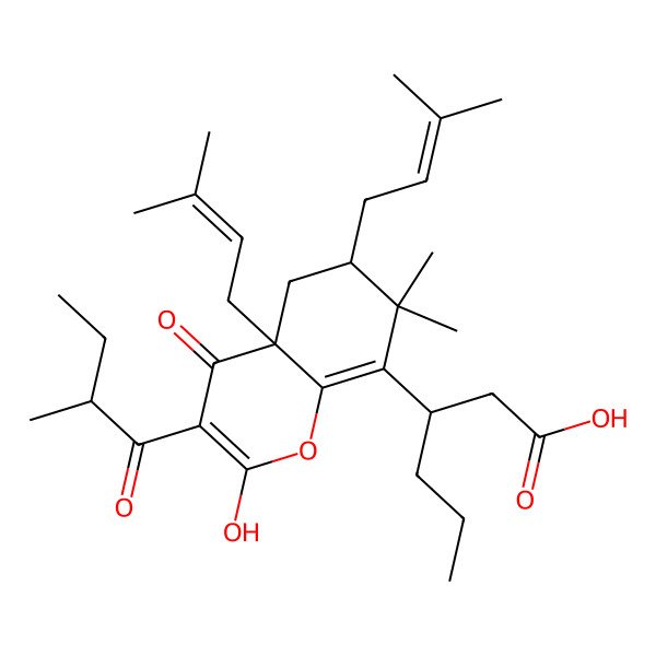 2D Structure of 3-[2-hydroxy-7,7-dimethyl-3-(2-methylbutanoyl)-4a,6-bis(3-methylbut-2-enyl)-4-oxo-5,6-dihydrochromen-8-yl]hexanoic acid