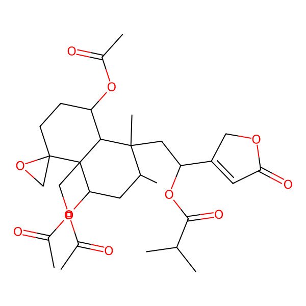 2D Structure of [2-[4,8-diacetyloxy-4a-(acetyloxymethyl)-1,2-dimethylspiro[3,4,6,7,8,8a-hexahydro-2H-naphthalene-5,2'-oxirane]-1-yl]-1-(5-oxo-2H-furan-3-yl)ethyl] 2-methylpropanoate