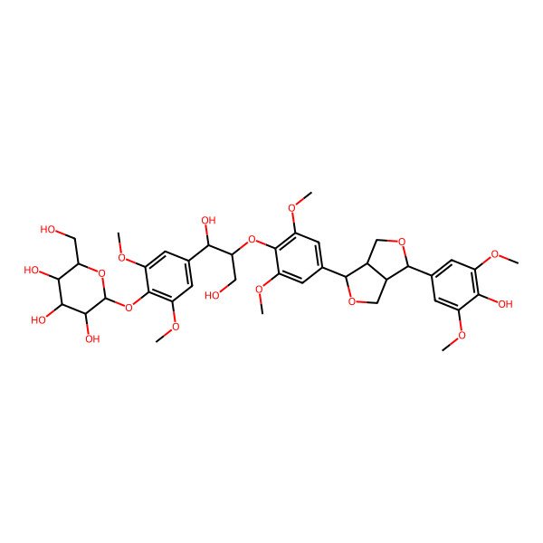2D Structure of (2S,3R,4S,5S,6R)-2-[4-[(1R,2R)-2-[4-[(3R,3aS,6R,6aS)-3-(4-hydroxy-3,5-dimethoxyphenyl)-1,3,3a,4,6,6a-hexahydrofuro[3,4-c]furan-6-yl]-2,6-dimethoxyphenoxy]-1,3-dihydroxypropyl]-2,6-dimethoxyphenoxy]-6-(hydroxymethyl)oxane-3,4,5-triol