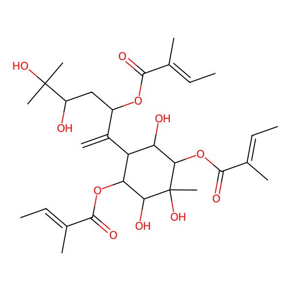 2D Structure of [(1R,2R,3R,4R,5R,6R)-6-[(3S,5S)-5,6-dihydroxy-6-methyl-3-[(Z)-2-methylbut-2-enoyl]oxyhept-1-en-2-yl]-2,3,5-trihydroxy-3-methyl-4-[(Z)-2-methylbut-2-enoyl]oxycyclohexyl] (Z)-2-methylbut-2-enoate