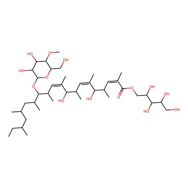2D Structure of 2,3,4,5-Tetrahydroxypentyl 13-[3,4-dihydroxy-6-(hydroxymethyl)-5-methoxyoxan-2-yl]oxy-5,9-dihydroxy-2,4,6,8,10,12,14,16,18-nonamethylicosa-2,6,10-trienoate