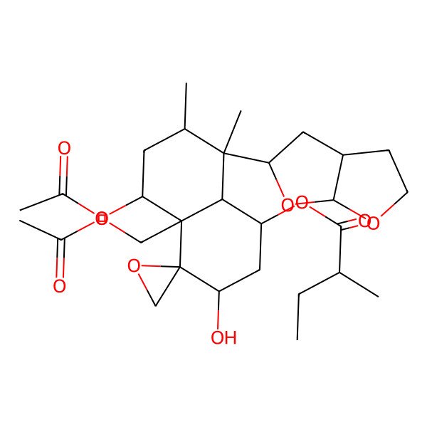 2D Structure of [(1R,3S,4R,4aR,5S,7R,8S,8aR)-8-[(3aR,5S,6aS)-2,3,3a,4,5,6a-hexahydrofuro[2,3-b]furan-5-yl]-5-acetyloxy-4a-(acetyloxymethyl)-3-hydroxy-7,8-dimethylspiro[2,3,5,6,7,8a-hexahydro-1H-naphthalene-4,2'-oxirane]-1-yl] (2S)-2-methylbutanoate