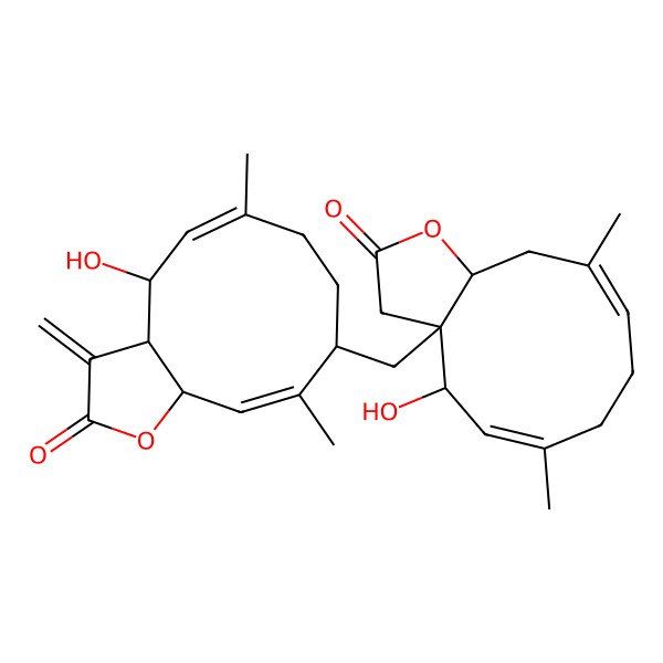 2D Structure of (3aR,4R,5Z,9R,11aS)-9-[[(3aR,4R,5E,9E,11aR)-4-hydroxy-6,10-dimethyl-2-oxo-3,4,7,8,11,11a-hexahydrocyclodeca[b]furan-3a-yl]methyl]-4-hydroxy-6,10-dimethyl-3-methylidene-3a,4,7,8,9,11a-hexahydrocyclodeca[b]furan-2-one