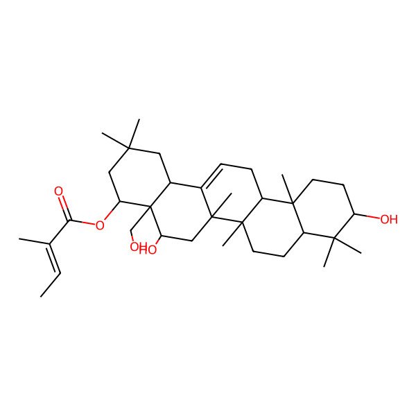 2D Structure of [5,10-Dihydroxy-4a-(hydroxymethyl)-2,2,6a,6b,9,9,12a-heptamethyl-1,3,4,5,6,6a,7,8,8a,10,11,12,13,14b-tetradecahydropicen-4-yl] 2-methylbut-2-enoate