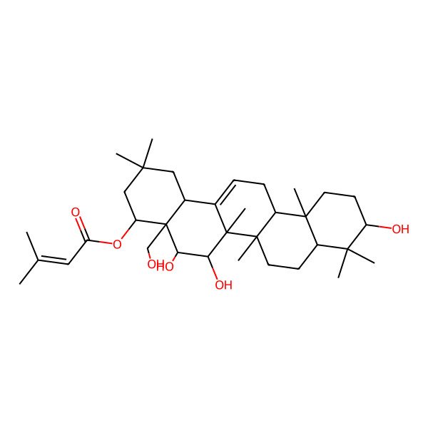 2D Structure of [5,6,10-Trihydroxy-4a-(hydroxymethyl)-2,2,6a,6b,9,9,12a-heptamethyl-1,3,4,5,6,6a,7,8,8a,10,11,12,13,14b-tetradecahydropicen-4-yl] 3-methylbut-2-enoate