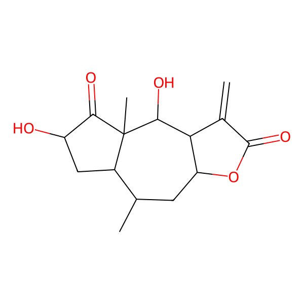 2D Structure of (3aR,5R,5aS,7S,8aR,9S,9aS)-7,9-dihydroxy-5,8a-dimethyl-1-methylidene-3a,4,5,5a,6,7,9,9a-octahydroazuleno[6,7-b]furan-2,8-dione