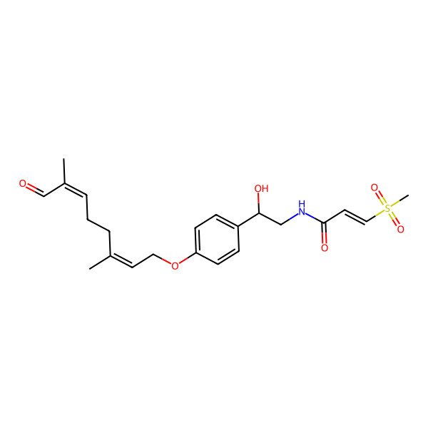 2D Structure of (E)-N-[(2R)-2-[4-[(2E,6E)-3,7-dimethyl-8-oxoocta-2,6-dienoxy]phenyl]-2-hydroxyethyl]-3-methylsulfonylprop-2-enamide