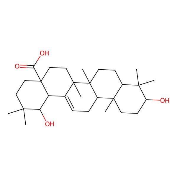 2D Structure of (1R,4aR,6aR,6aS,6bR,8aS,10S,12aR,14bS)-1,10-dihydroxy-2,2,6a,6b,9,9,12a-heptamethyl-1,3,4,5,6,6a,7,8,8a,10,11,12,13,14b-tetradecahydropicene-4a-carboxylic acid