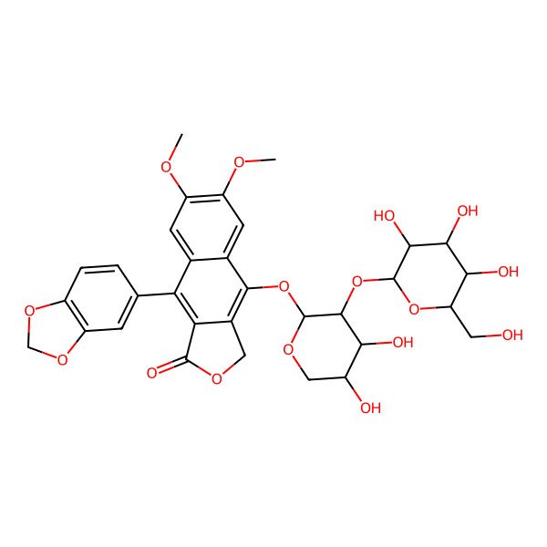 2D Structure of 9-(1,3-benzodioxol-5-yl)-4-[(2S,3R,4S,5R)-4,5-dihydroxy-3-[(2S,3R,4S,5S,6R)-3,4,5-trihydroxy-6-(hydroxymethyl)oxan-2-yl]oxyoxan-2-yl]oxy-6,7-dimethoxy-3H-benzo[f][2]benzofuran-1-one