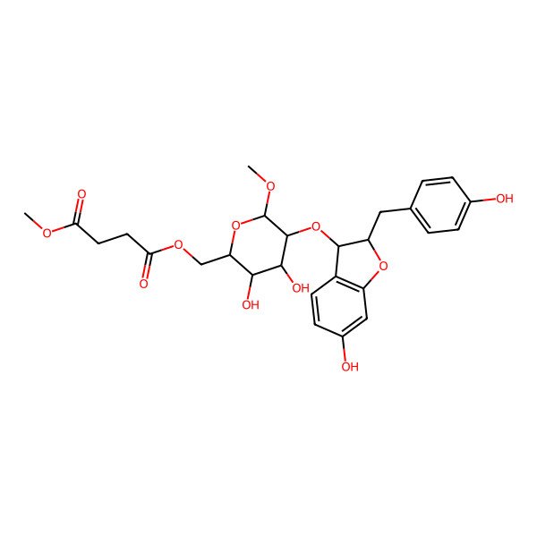 2D Structure of 4-O-[[3,4-dihydroxy-5-[[6-hydroxy-2-[(4-hydroxyphenyl)methyl]-2,3-dihydro-1-benzofuran-3-yl]oxy]-6-methoxyoxan-2-yl]methyl] 1-O-methyl butanedioate