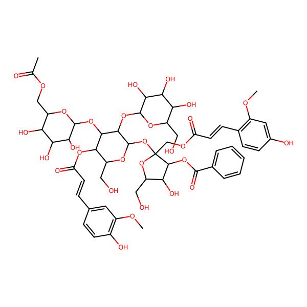 2D Structure of [(2S,3S,4R,5R)-2-[(2R,3R,4S,5R,6R)-4-[(2S,3R,4S,5S,6R)-6-(acetyloxymethyl)-3,4,5-trihydroxyoxan-2-yl]oxy-5-[(E)-3-(4-hydroxy-3-methoxyphenyl)prop-2-enoyl]oxy-6-(hydroxymethyl)-3-[(2S,3R,4S,5S,6R)-3,4,5-trihydroxy-6-(hydroxymethyl)oxan-2-yl]oxyoxan-2-yl]oxy-4-hydroxy-2-[[(E)-3-(4-hydroxy-2-methoxyphenyl)prop-2-enoyl]oxymethyl]-5-(hydroxymethyl)oxolan-3-yl] benzoate