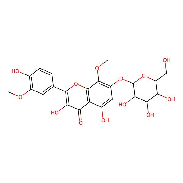 2D Structure of 3,5-dihydroxy-2-(4-hydroxy-3-methoxyphenyl)-8-methoxy-7-[(2S,3R,4S,5S,6R)-3,4,5-trihydroxy-6-(hydroxymethyl)oxan-2-yl]oxychromen-4-one