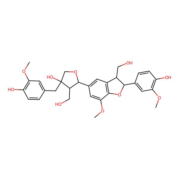 2D Structure of (3S,4R,5R)-5-[(2R,3R)-2-(4-hydroxy-3-methoxyphenyl)-3-(hydroxymethyl)-7-methoxy-2,3-dihydro-1-benzofuran-5-yl]-3-[(4-hydroxy-3-methoxyphenyl)methyl]-4-(hydroxymethyl)oxolan-3-ol