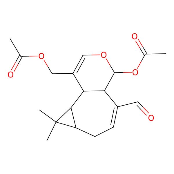 2D Structure of [(1R,2S,4S,8R,9R)-9-acetyloxy-7-formyl-3,3-dimethyl-10-oxatricyclo[6.4.0.02,4]dodeca-6,11-dien-12-yl]methyl acetate