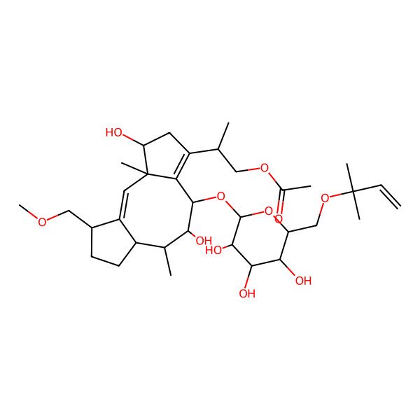 2D Structure of [(2S)-2-[(3R,4S,8R,9R,10R,11S,14S)-4,9-dihydroxy-14-(methoxymethyl)-3,10-dimethyl-8-[(2S,3R,4S,5S,6R)-3,4,5-trihydroxy-6-(2-methylbut-3-en-2-yloxymethyl)oxan-2-yl]oxy-6-tricyclo[9.3.0.03,7]tetradeca-1,6-dienyl]propyl] acetate