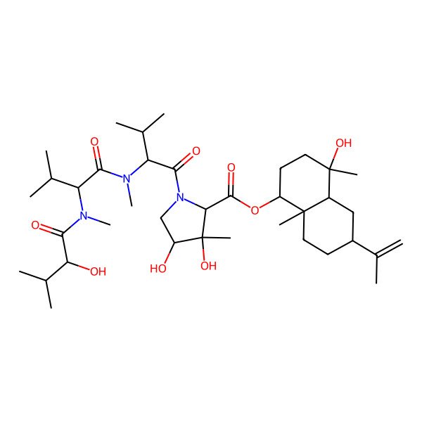 2D Structure of (4-Hydroxy-4,8a-dimethyl-6-prop-1-en-2-yl-1,2,3,4a,5,6,7,8-octahydronaphthalen-1-yl) 3,4-dihydroxy-1-[2-[[2-[(2-hydroxy-3-methylbutanoyl)-methylamino]-3-methylbutanoyl]-methylamino]-3-methylbutanoyl]-3-methylpyrrolidine-2-carboxylate