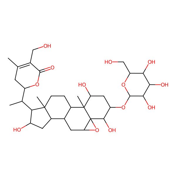 2D Structure of 5-(Hydroxymethyl)-4-methyl-2-[1-[3,6,14-trihydroxy-2,16-dimethyl-5-[3,4,5-trihydroxy-6-(hydroxymethyl)oxan-2-yl]oxy-8-oxapentacyclo[9.7.0.02,7.07,9.012,16]octadecan-15-yl]ethyl]-2,3-dihydropyran-6-one