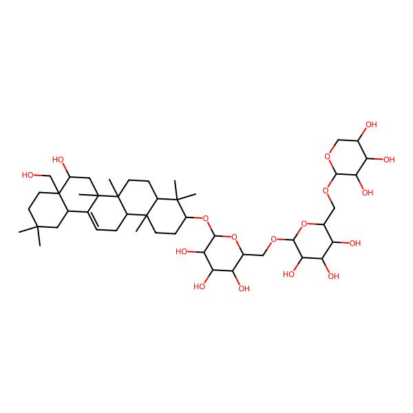 2D Structure of (2R,3R,4S,5S,6R)-2-[[(2R,3S,4S,5R,6R)-6-[[(3S,4aR,6aR,6bS,8S,8aS,12aS,14aR,14bR)-8-hydroxy-8a-(hydroxymethyl)-4,4,6a,6b,11,11,14b-heptamethyl-1,2,3,4a,5,6,7,8,9,10,12,12a,14,14a-tetradecahydropicen-3-yl]oxy]-3,4,5-trihydroxyoxan-2-yl]methoxy]-6-[[(2S,3R,4S,5R)-3,4,5-trihydroxyoxan-2-yl]oxymethyl]oxane-3,4,5-triol