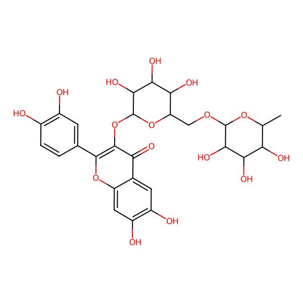 2D Structure of 2-(3,4-dihydroxyphenyl)-6,7-dihydroxy-3-[(2S,3R,4S,5S,6R)-3,4,5-trihydroxy-6-[[(2R,3R,4R,5R,6S)-3,4,5-trihydroxy-6-methyloxan-2-yl]oxymethyl]oxan-2-yl]oxychromen-4-one