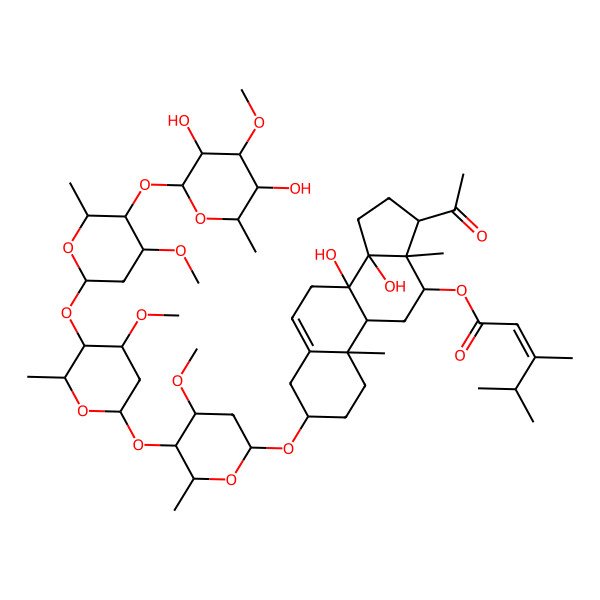 2D Structure of [(3S,8S,9R,10R,12R,13S,14R,17R)-17-acetyl-3-[(2R,4S,5R,6R)-5-[(2S,4S,5R,6R)-5-[(2S,4S,5R,6R)-5-[(2S,3R,4S,5R,6R)-3,5-dihydroxy-4-methoxy-6-methyloxan-2-yl]oxy-4-methoxy-6-methyloxan-2-yl]oxy-4-methoxy-6-methyloxan-2-yl]oxy-4-methoxy-6-methyloxan-2-yl]oxy-8,14-dihydroxy-10,13-dimethyl-2,3,4,7,9,11,12,15,16,17-decahydro-1H-cyclopenta[a]phenanthren-12-yl] (E)-3,4-dimethylpent-2-enoate