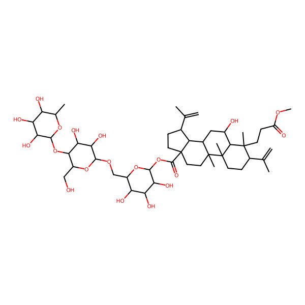 2D Structure of [(2S,3R,4S,5S,6R)-6-[[(2R,3R,4R,5S,6R)-3,4-dihydroxy-6-(hydroxymethyl)-5-[(2S,3R,4R,5R,6S)-3,4,5-trihydroxy-6-methyloxan-2-yl]oxyoxan-2-yl]oxymethyl]-3,4,5-trihydroxyoxan-2-yl] (3S,4S,5R,6R,8R,9R,10R,13S,14S,15R)-6-hydroxy-4-(3-methoxy-3-oxopropyl)-4,9,10-trimethyl-3,15-bis(prop-1-en-2-yl)-2,3,5,6,7,8,11,12,14,15,16,17-dodecahydro-1H-cyclopenta[a]phenanthrene-13-carboxylate