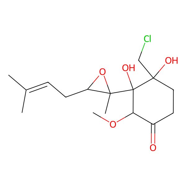 2D Structure of (2S,3R,4R)-4-(chloromethyl)-3,4-dihydroxy-2-methoxy-3-[(2S,3R)-2-methyl-3-(3-methylbut-2-enyl)oxiran-2-yl]cyclohexan-1-one