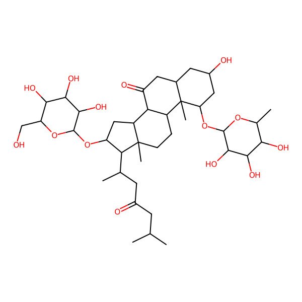 2D Structure of (1R,3R,5R,8S,9S,10S,13S,14S,16S,17R)-3-hydroxy-10,13-dimethyl-17-[(2R)-6-methyl-4-oxoheptan-2-yl]-16-[(2R,3R,4S,5S,6R)-3,4,5-trihydroxy-6-(hydroxymethyl)oxan-2-yl]oxy-1-[(2S,3R,4R,5R,6S)-3,4,5-trihydroxy-6-methyloxan-2-yl]oxy-1,2,3,4,5,6,8,9,11,12,14,15,16,17-tetradecahydrocyclopenta[a]phenanthren-7-one