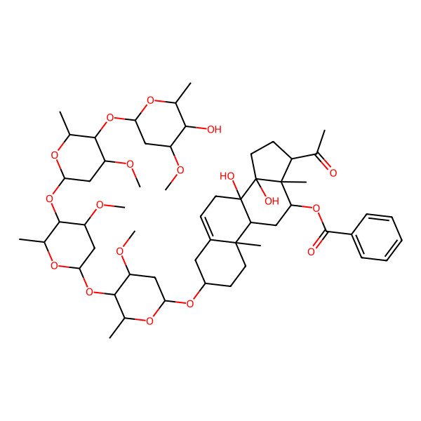 2D Structure of [17-acetyl-8,14-dihydroxy-3-[5-[5-[5-(5-hydroxy-4-methoxy-6-methyloxan-2-yl)oxy-4-methoxy-6-methyloxan-2-yl]oxy-4-methoxy-6-methyloxan-2-yl]oxy-4-methoxy-6-methyloxan-2-yl]oxy-10,13-dimethyl-2,3,4,7,9,11,12,15,16,17-decahydro-1H-cyclopenta[a]phenanthren-12-yl] benzoate