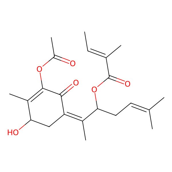 2D Structure of [(2E,3S)-2-[(5R)-3-acetyloxy-5-hydroxy-4-methyl-2-oxocyclohex-3-en-1-ylidene]-6-methylhept-5-en-3-yl] (Z)-2-methylbut-2-enoate