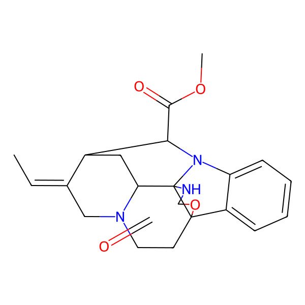2D Structure of methyl (1S,9S,10S,11E,14S,15R)-11-ethylidene-17-oxo-18-oxa-8,13,16-triazahexacyclo[11.5.2.110,14.01,15.02,7.08,15]henicosa-2,4,6-triene-9-carboxylate