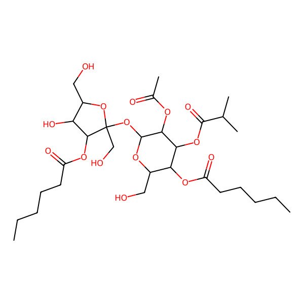 2D Structure of [(2R,3R,4S,5R,6R)-5-acetyloxy-6-[(2S,3S,4R,5R)-3-hexanoyloxy-4-hydroxy-2,5-bis(hydroxymethyl)oxolan-2-yl]oxy-2-(hydroxymethyl)-4-(2-methylpropanoyloxy)oxan-3-yl] hexanoate