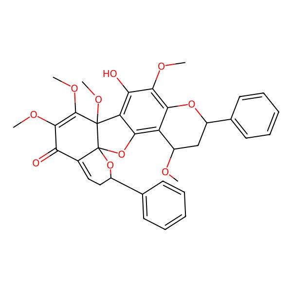2D Structure of (1R,5S,7R,13R,20R)-11-hydroxy-5,10,13,14,15-pentamethoxy-7,20-diphenyl-2,8,21-trioxapentacyclo[11.8.0.01,17.03,12.04,9]henicosa-3,9,11,14,17-pentaen-16-one
