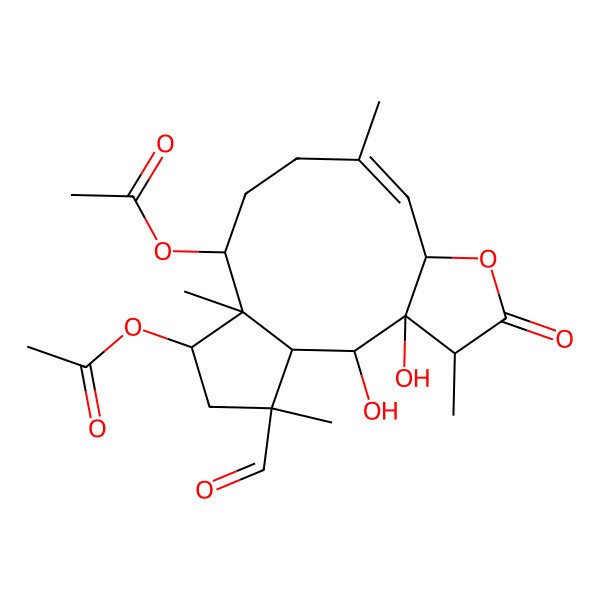 2D Structure of [(1R,2R,3R,4R,7S,8Z,12R,13S,14S,16S)-14-acetyloxy-16-formyl-2,3-dihydroxy-4,9,13,16-tetramethyl-5-oxo-6-oxatricyclo[11.3.0.03,7]hexadec-8-en-12-yl] acetate